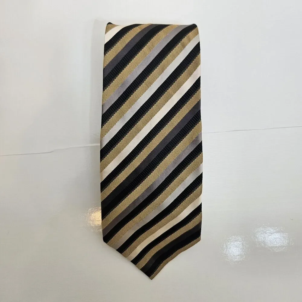 VTG 90s ALEXANDER JULIAN COLOURS Neck Tie Mens 100% Silk Gold Black Striped 3.8